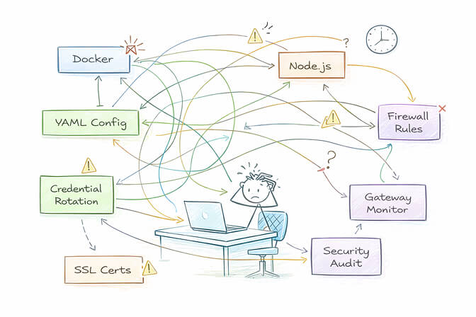 Self-hosting OpenClaw infrastructure requirements including server management, credential rotation, and monitoring